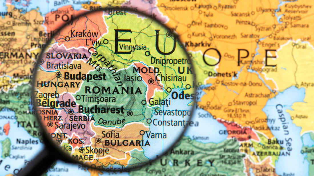 România și Europa de Est evidențiate pe o hartă a Europei